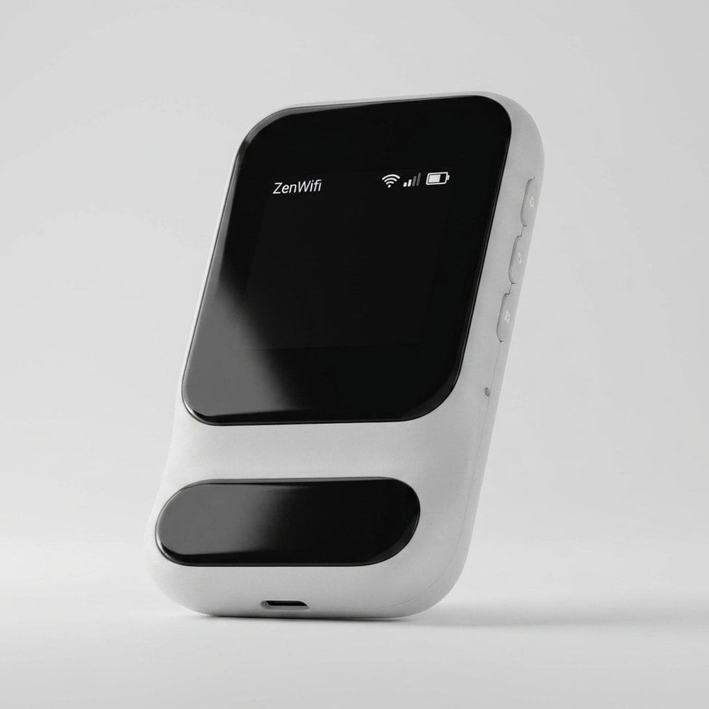 Boîtier Wi-Fi portable de face, écran allumé affichant l'état du réseau